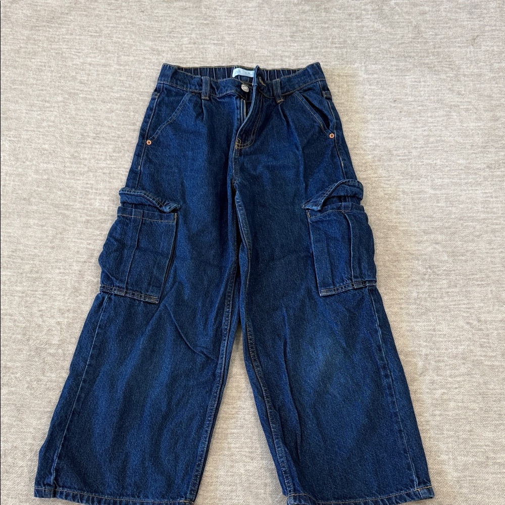 Wide Leg Dark Blue Denim Cargo Jeans